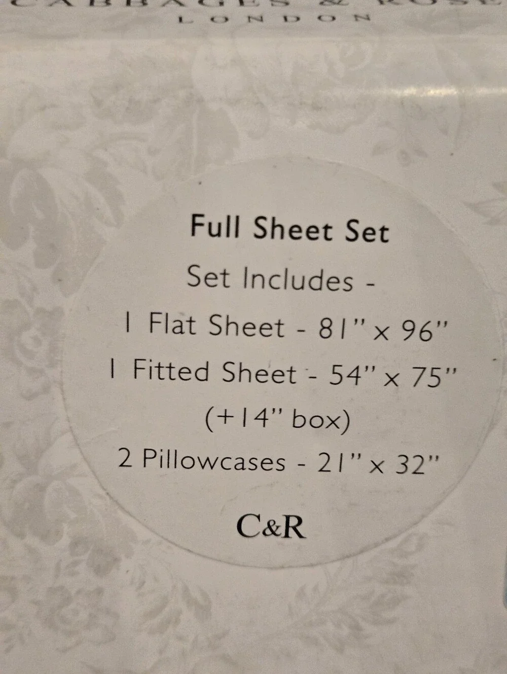 Cabbages & Roses 100% Cotton Percale 4 Pc Full Sheet Set Julia China Blue